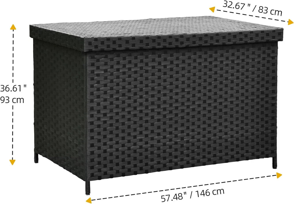 DWVO 70Gal Outdoor Storage Bench with Cushion Composite Wood Backrest Wicker Deck Bench