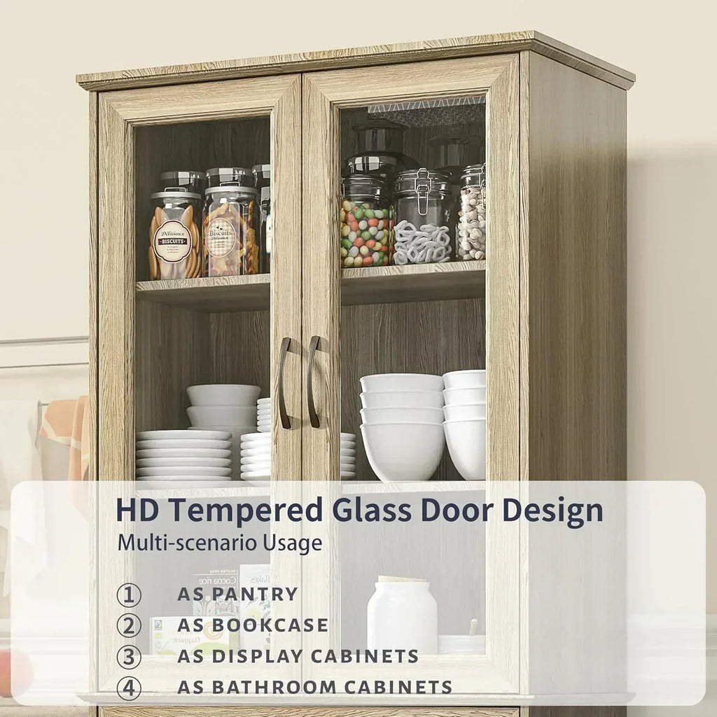 Kitchen Hutch Pantry Cabinet 71 Tall with Glass Doors