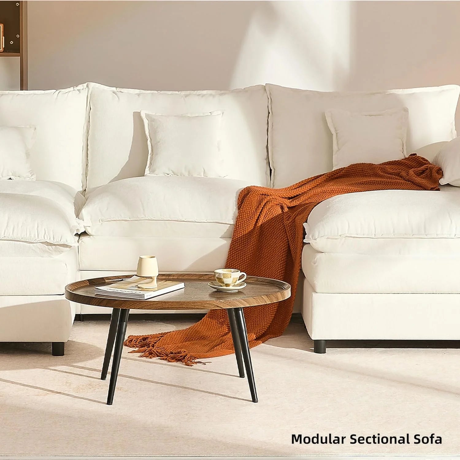 108 U Shaped Couch, Modular Sectional Sofa, 3-Seater Comfy Cloud Couch with Movable Ottoman, Deep Seat Couches for Living Room, Linen, Beige