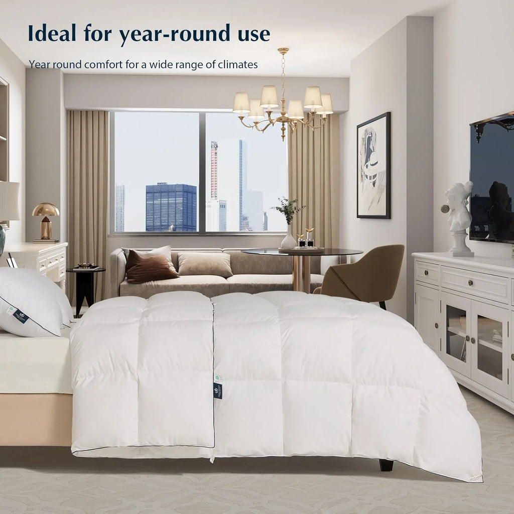 PACIFIC COAST Goose Feather Down Comforters Queen Size, 100% Cotton Extra Fluffy White Duvet Insert, Soft, Breathable, All Season Hotel Luxury Bedding Comforters, 8 Corner & Center Loops (90x90)