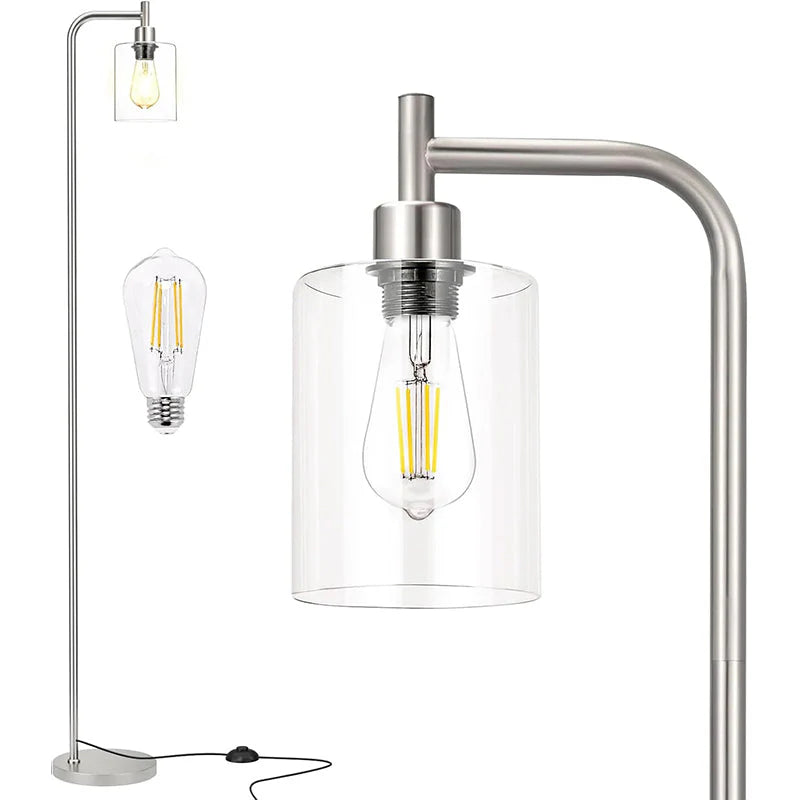 Modern Black Floor Lamp with Clear Glass Shade and LED Bulb