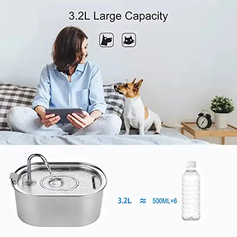 Automatic Pet Water Fountain 3.2L Stainless Steel Bowl with 4-Stage Filter and Quiet Pump for Cats and Dogs