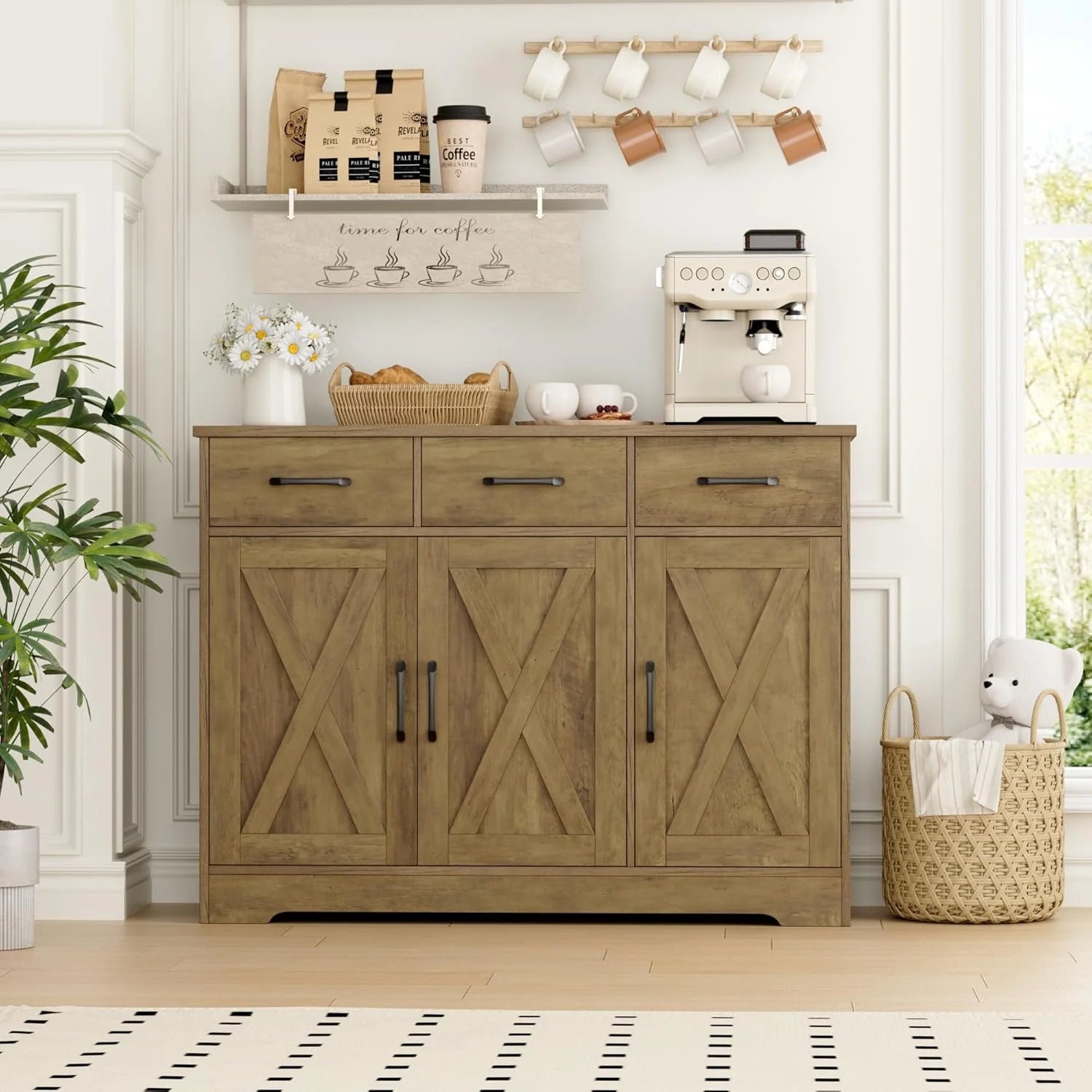 Modern farmhouse sideboard, barn door buffet storage cabinet with drawers and shelves, wooden coffee bar with storage