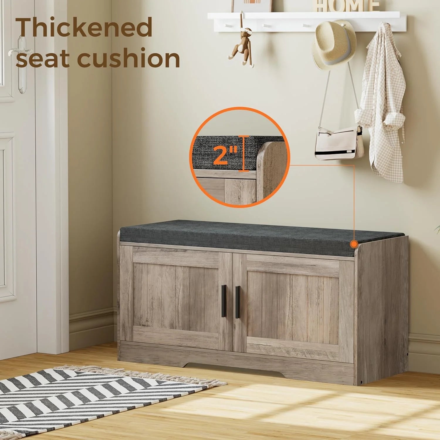 2-Tier Storage Bench, Shoe Bench with Thickened Padded Seat Cushion, Entryway Bench with 4 Doors, Adjustable Shelf, 13.8 D x 45.3 W x 18.5 H, for Entryway, Living Room, Bedroom, White