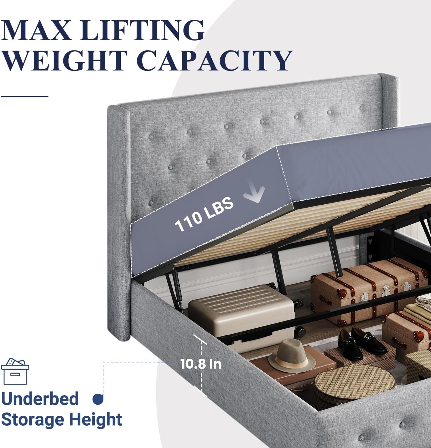 Allewie Queen Size Lift Up Storage Bed Modern Wingback Headboard Hydraulic Support