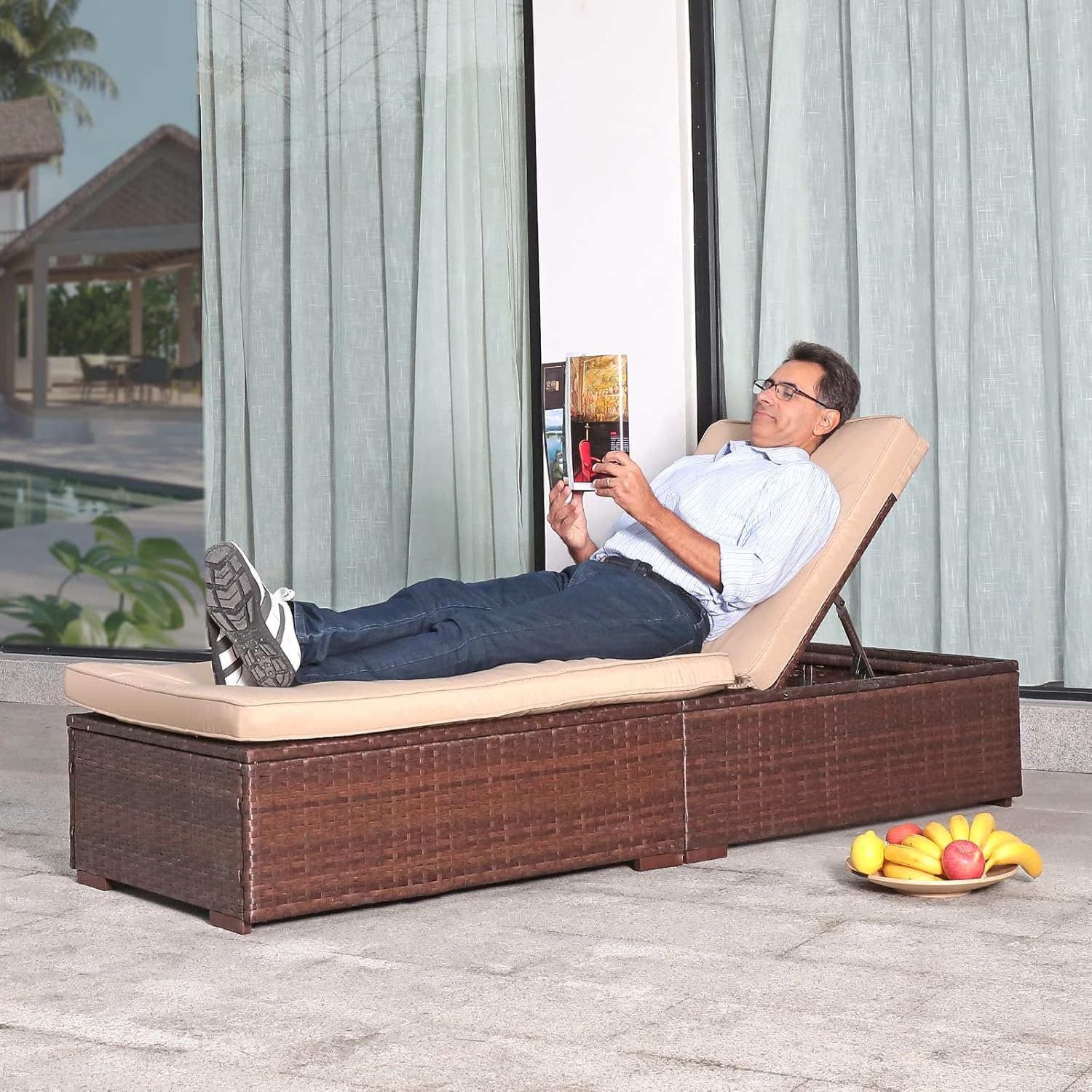 Patiorama Outdoor Patio Lounge Chair Elegant Reclining Adjustable Pool Rattan Chaise Chair