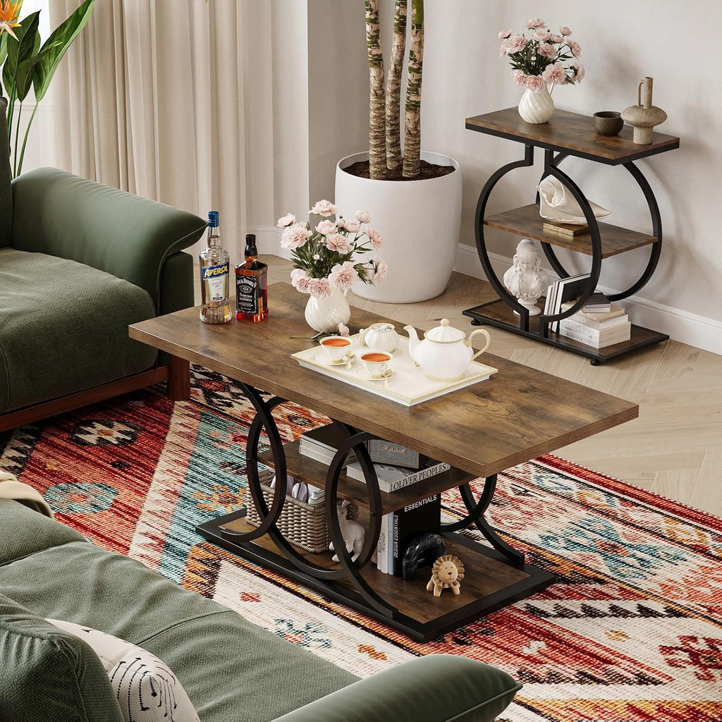 GiftGo Rustic Style Coffee Table Storage Industrial Style Three Tier Centerpiece Living Room Table