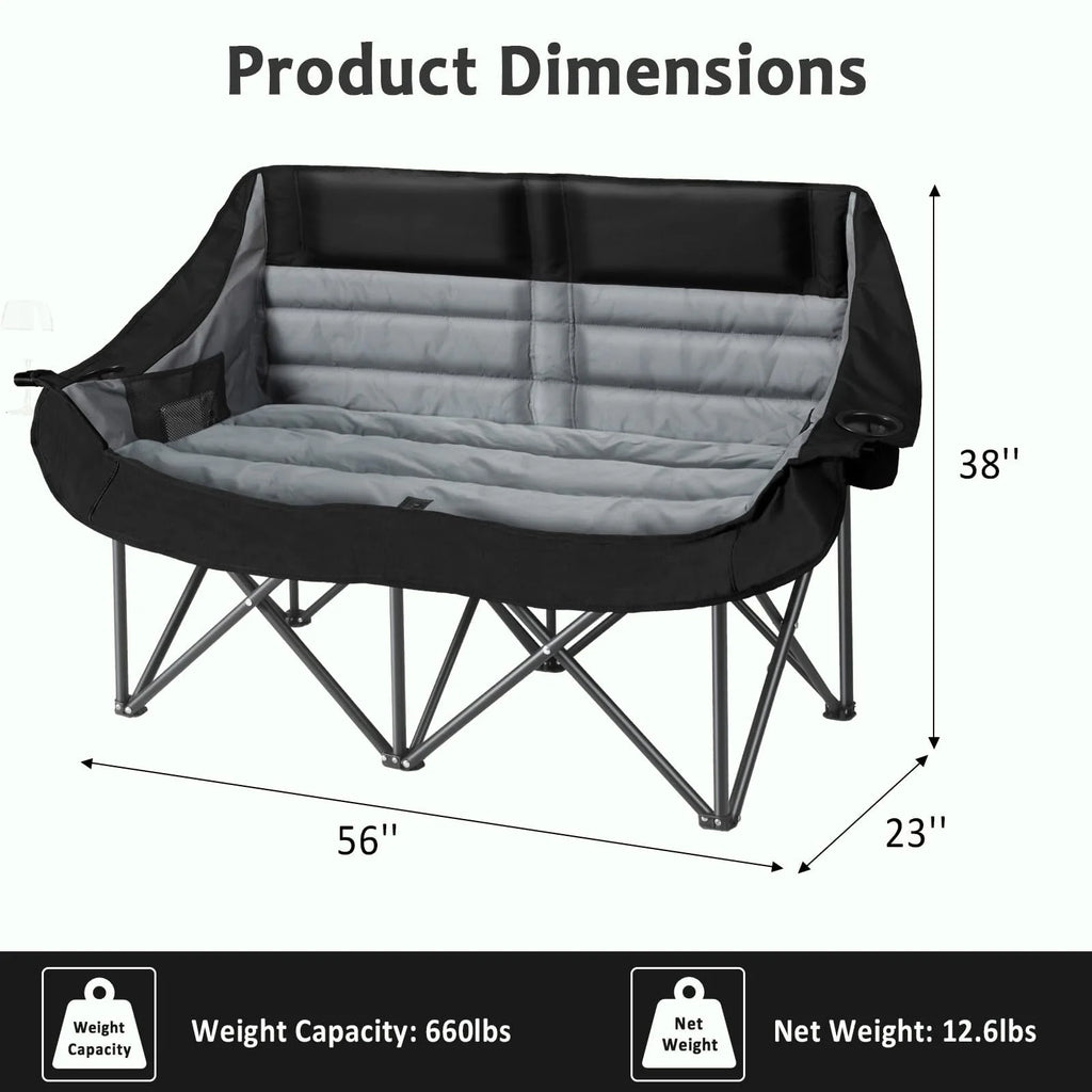 Oversized Double Camping Chair for Two Adults Folding Padded Loveseat with Cup Holders 660 lbs