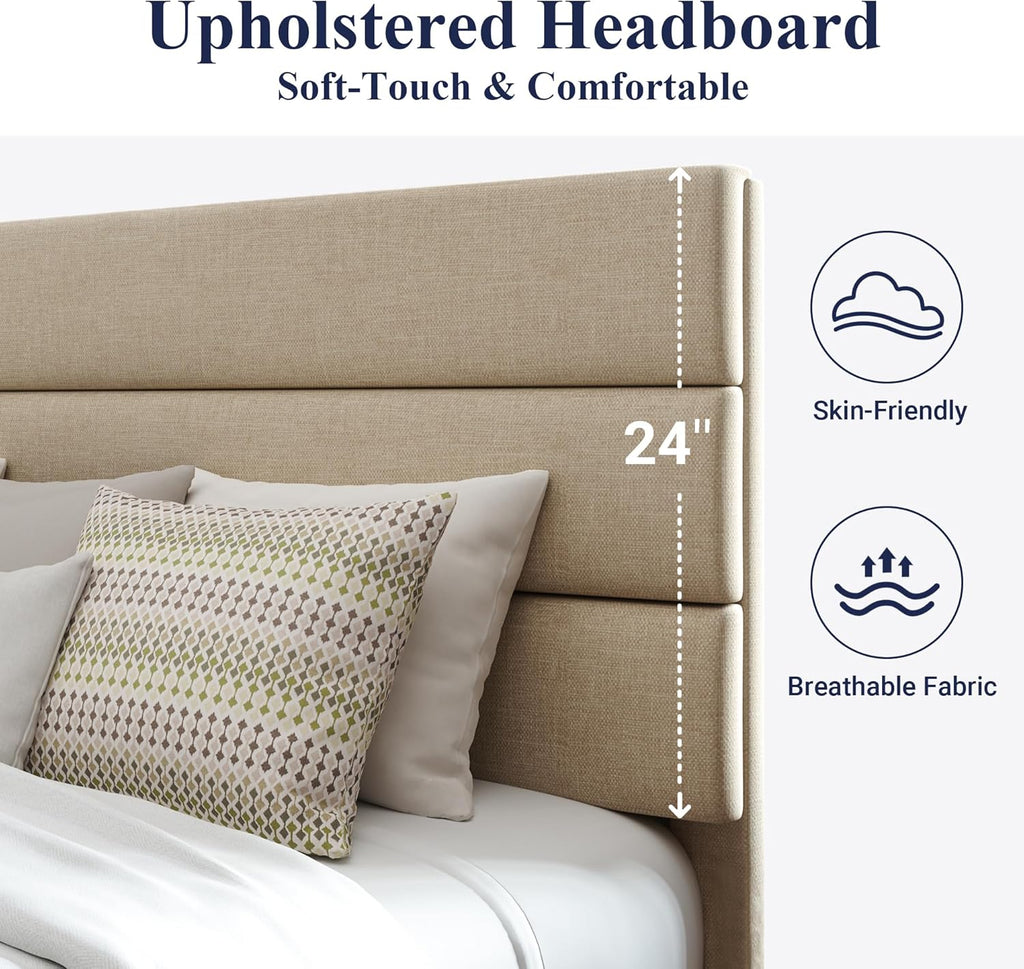 Allewie Queen Size Platform Bed Frame Fabric Upholstered Headboard Wooden Slats Support