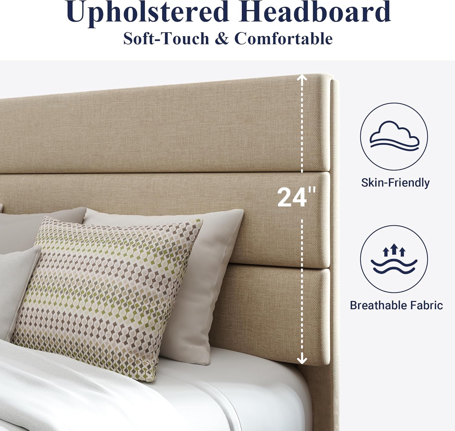 Allewie Queen Size Platform Bed Frame Fabric Upholstered Headboard Wooden Slats Support