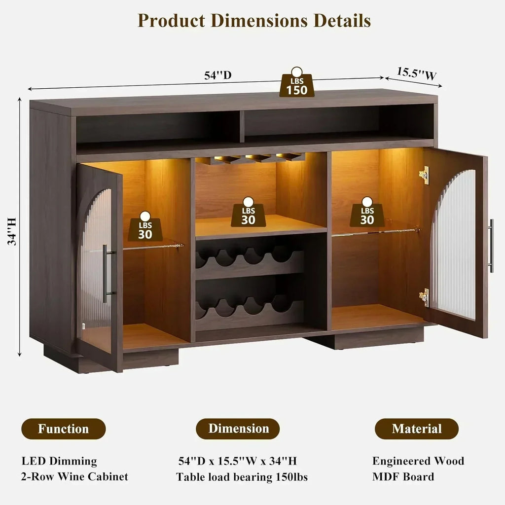 Sideboard 54-inch kitchen cabinet with LED lights and arched glass doors tall bar cabinet