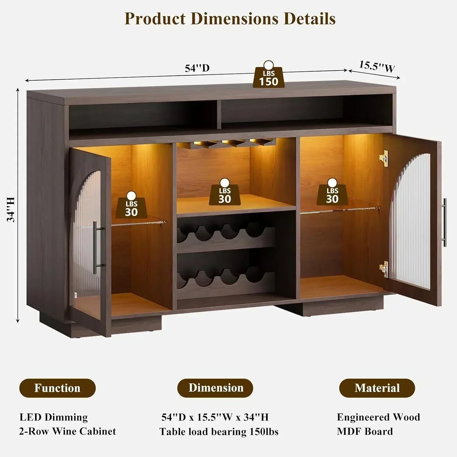 Sideboard 54-inch kitchen cabinet with LED lights and arched glass doors tall bar cabinet