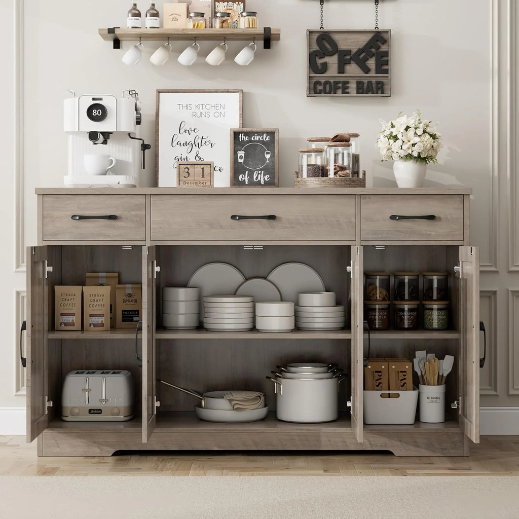 HOSTACK Buffet Cabinet with Drawers, 55 Large Sideboard Buffet Storage Cabinet with Shelves and Doors, Modern Farmhouse Coffee Bar Station Wood Kitchen Table for Kitchen, Dining Room, White/Rustic