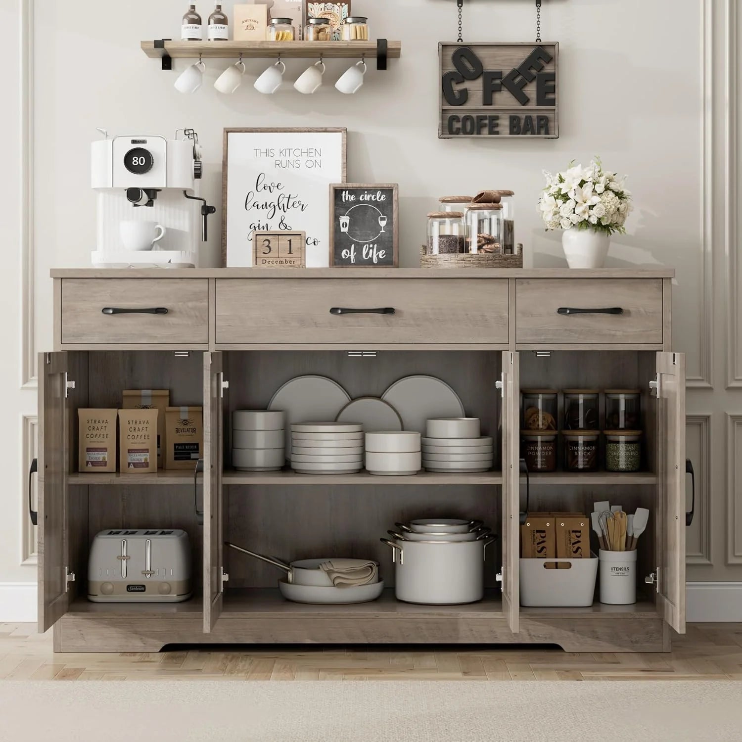 HOSTACK Buffet Cabinet with Drawers, 55 Large Sideboard Buffet Storage Cabinet with Shelves and Doors, Modern Farmhouse Coffee Bar Station Wood Kitchen Table for Kitchen, Dining Room, White/Rustic