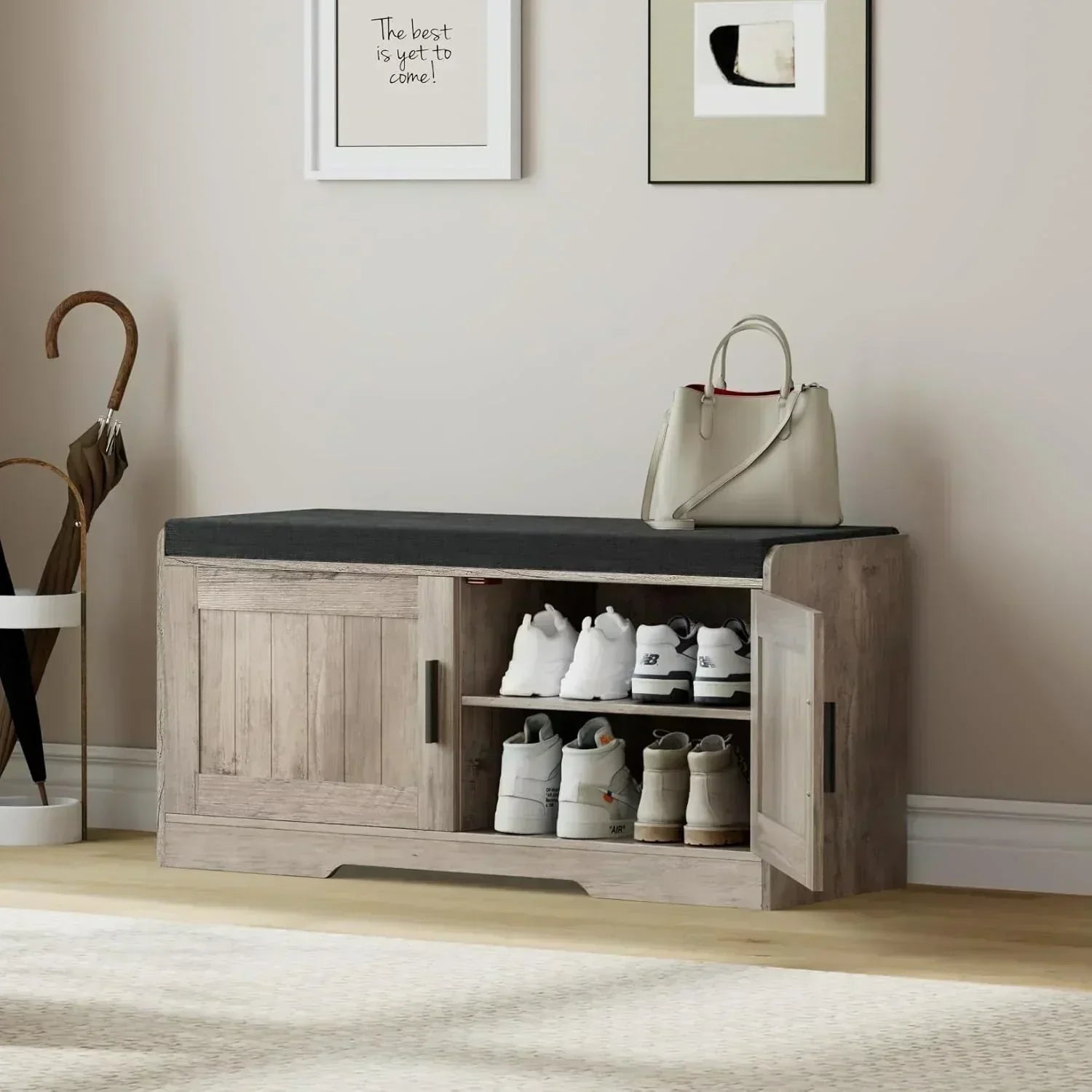 2-Tier Storage Bench Shoe Bench with Thickened Padded Seat Cushion Entryway Bench