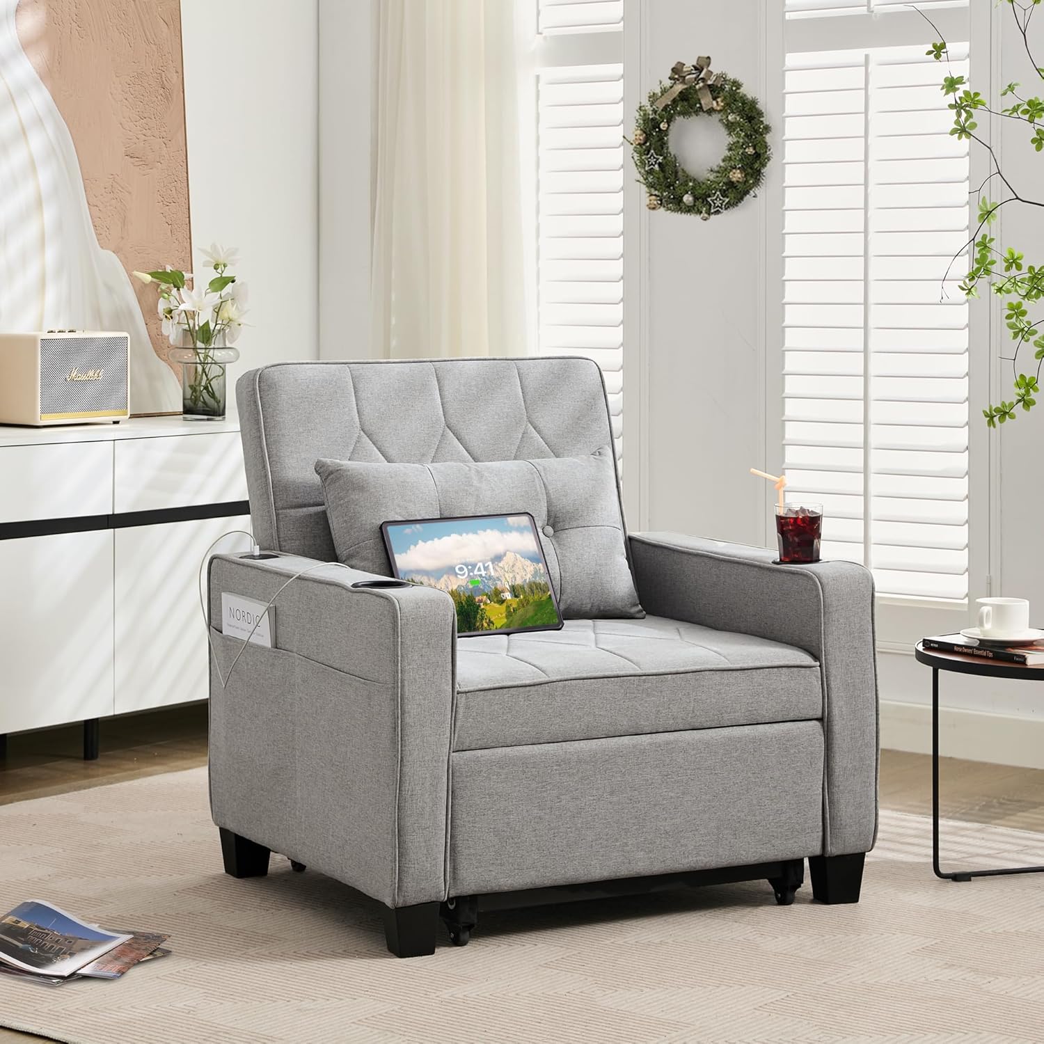 Adult Convertible Sleeper Chair Bed 3-in-1 Pull-Out Sofa Bed with USB/Type-C Ports Cup Holders