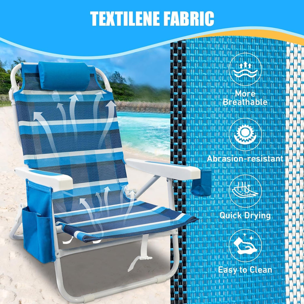 Beach Chair 2 Pack 5 Positions Textilene Folding Reclining Beach Chair with Straps Cooler Bag