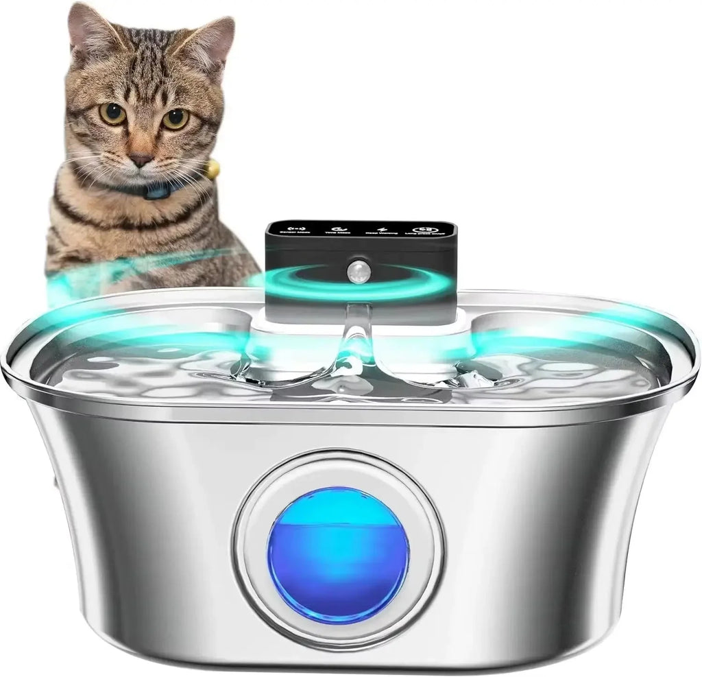 Wireless Cat Water Fountain 3.2L Rechargeable Battery with Motion Sensor Filter and Stainless Steel Bowl