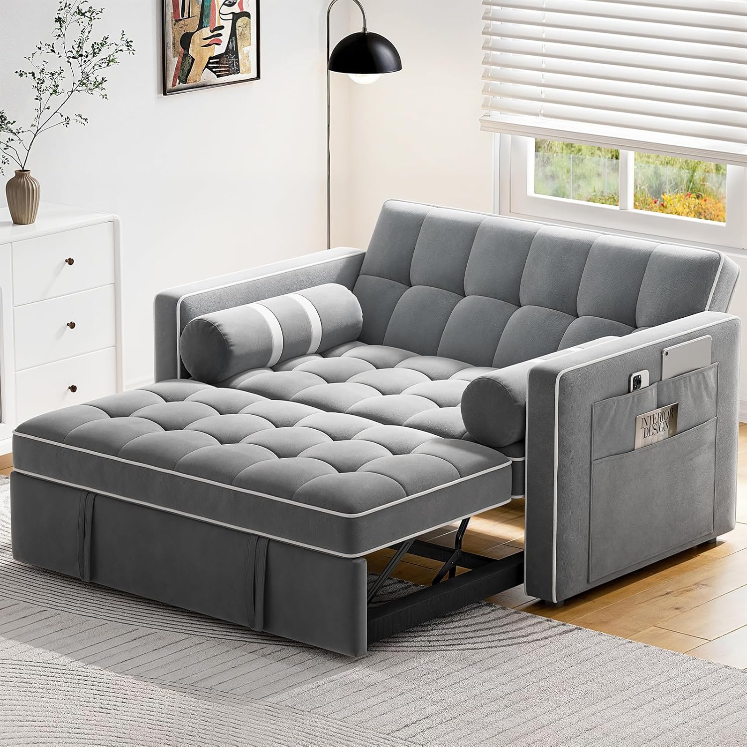 Pipishell 3 in 1 Convertible Sleeper Sofa Bed Pull Out Couch for Living Room USB Ports Side Pockets