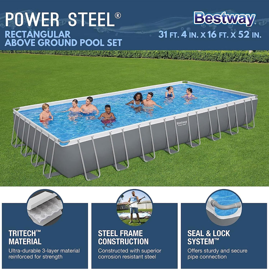 Power Steel 14' x 8'2 x 39.5 Oval Above Ground Pool Set | Includes 530gal Filter Pump, Ladder, ChemConnect Dispener