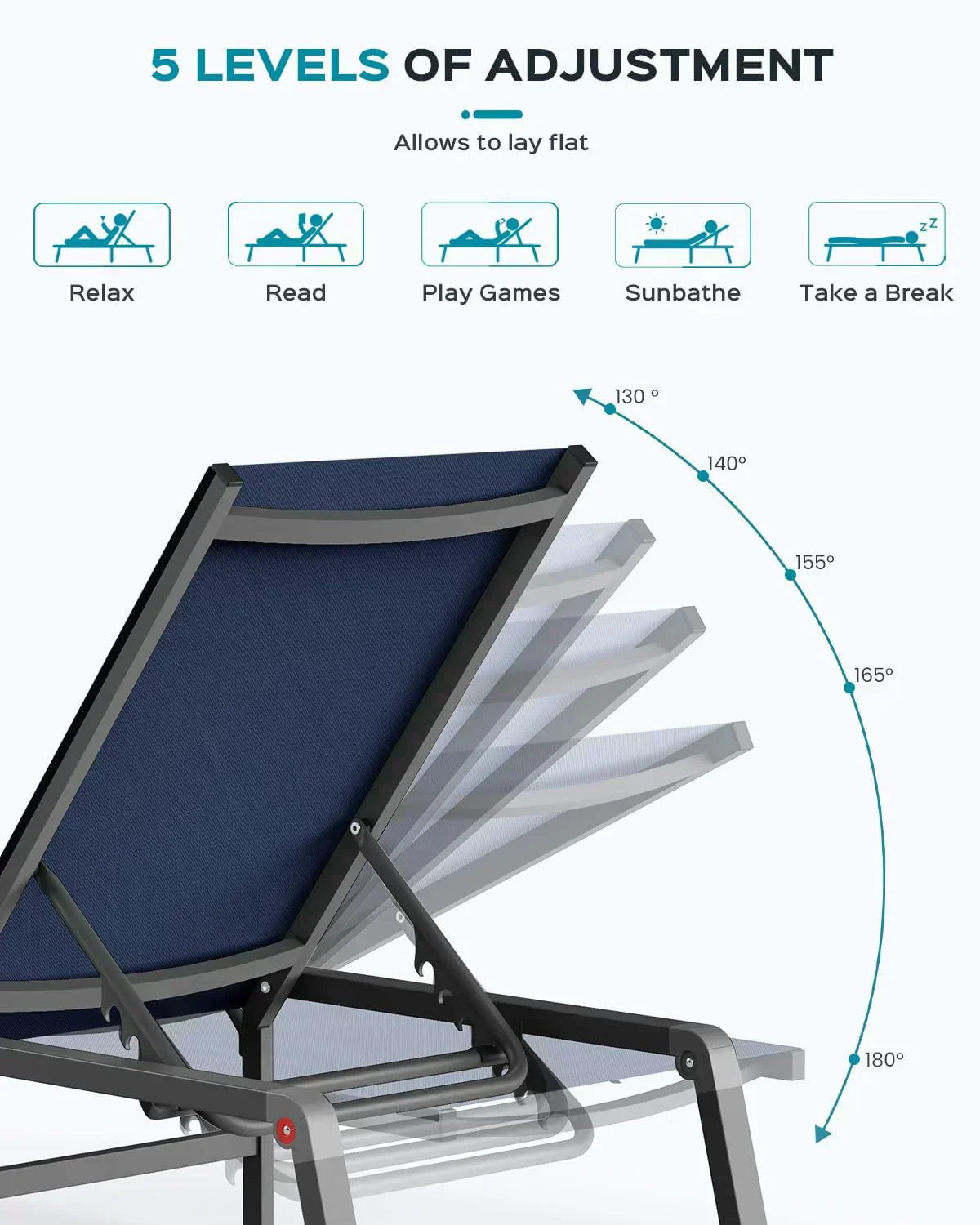 Aluminum Chaise Lounge Outdoor Foldable Assemble Free Outdoor Lounge Chair 5 Adjustable Backrest