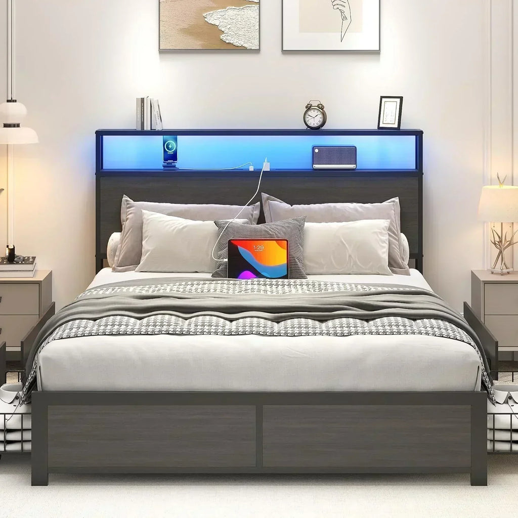 Lifezone Queen Bed Frame 2-Tier Storage Headboard Metal Platform Bed Frame 4 Storage Drawers