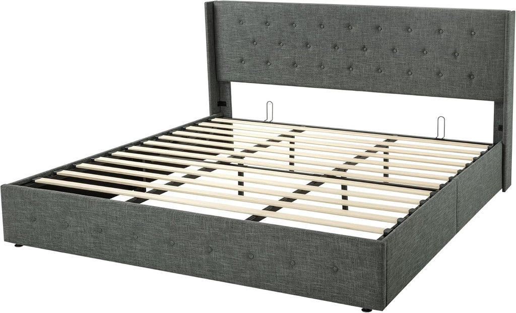 Allewie Queen Size Lift Up Storage Bed Modern Wingback Headboard Hydraulic Support