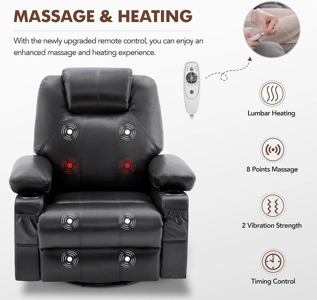 Large Swivel Rocking Recliner with Heating and Massage Function, 360 Degree Swivel Rocking Single Sofa