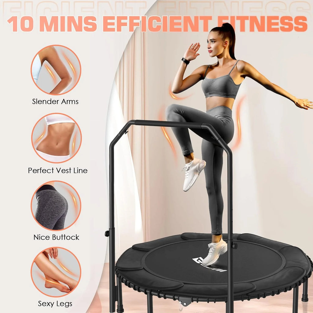 BCAN 450/550 LBS Foldable Mini Trampoline, 40/48 Fitness Trampoline with Bungees, U Shape Adjustable Foam Handle, Stable & Quiet Exercise Rebounder for Adults Indoor/Outdoor Workout