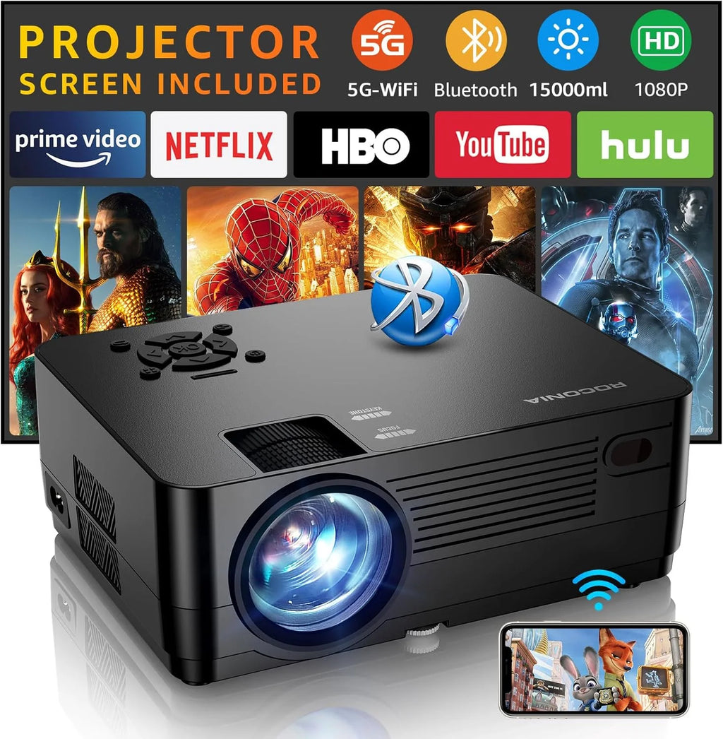 Projector with 5G WiFi and Bluetooth, Native 1080P Projector[Projector Screen Included]