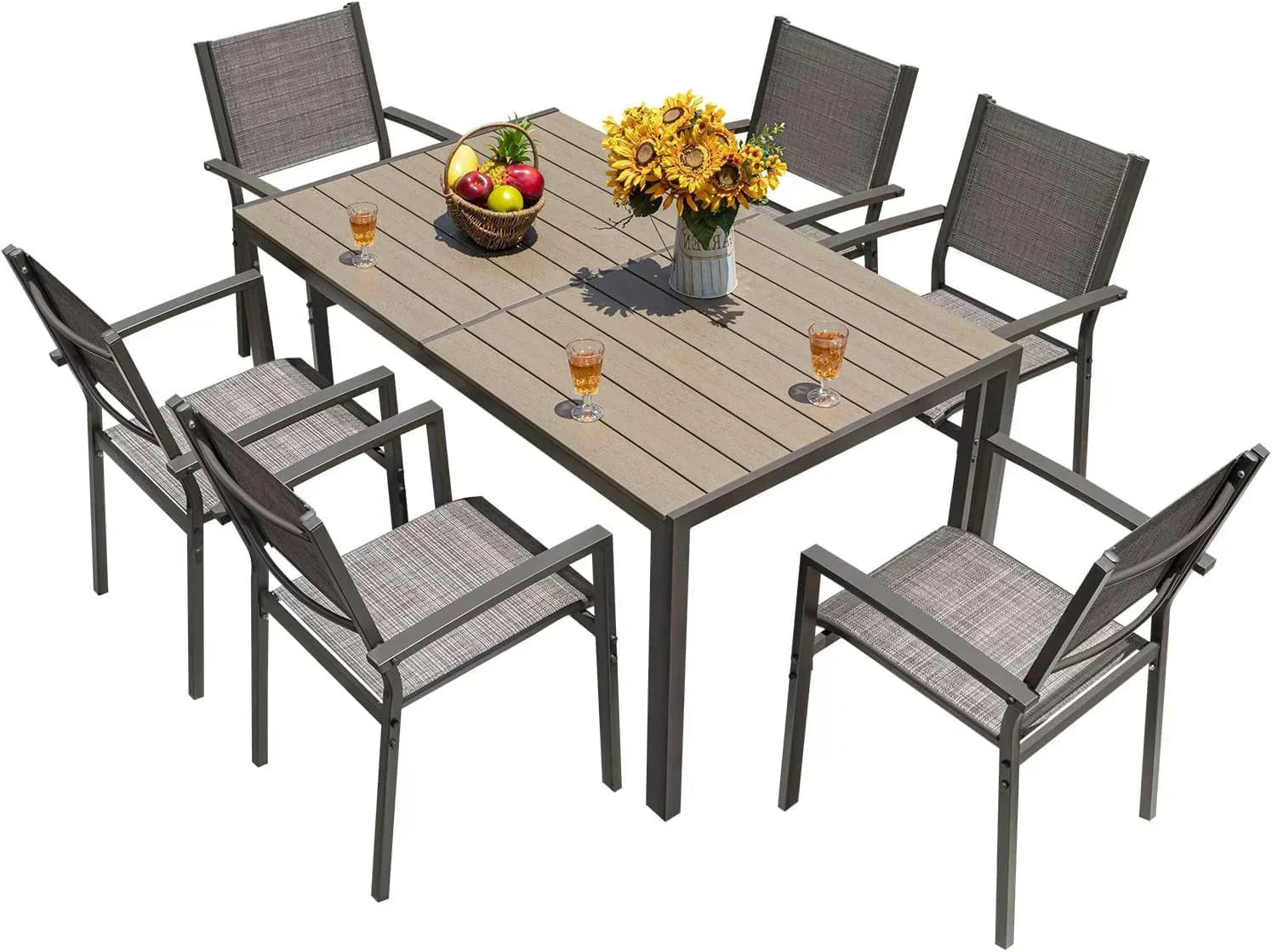 Homall Patio Dining Set 7 Pieces Outdoor Furniture Table and 6 Textilene Chairs Light Grey