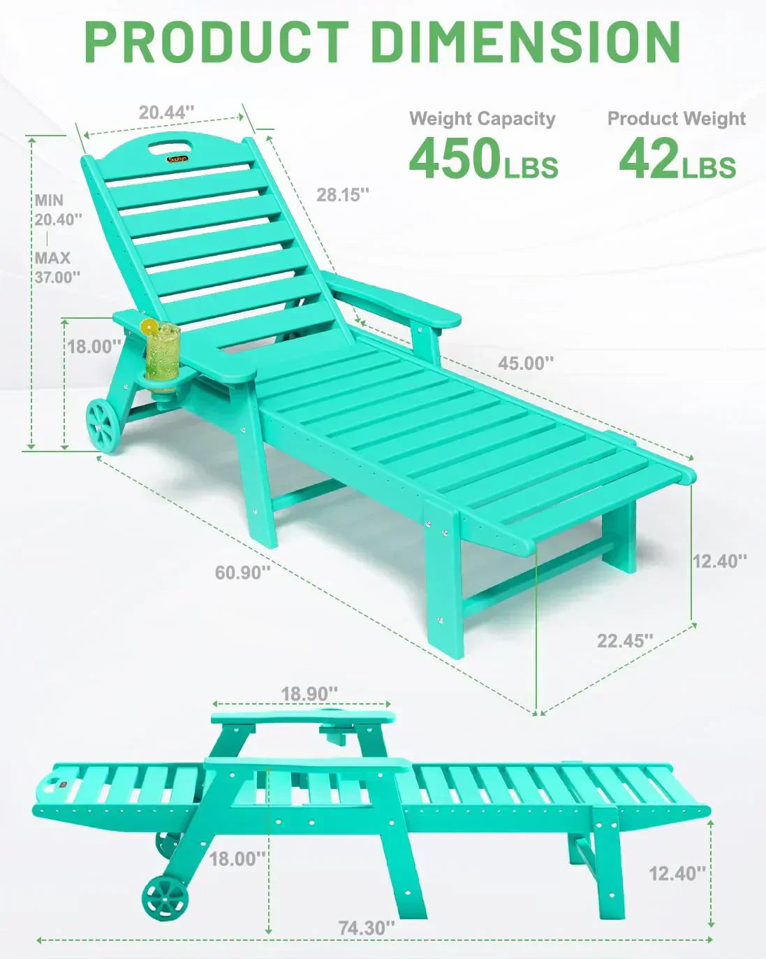 Lounge Chair Outdoor Chaise Lounge HDPE 6-Position Outdoor Chaise Lounge Patio Lounge Chair