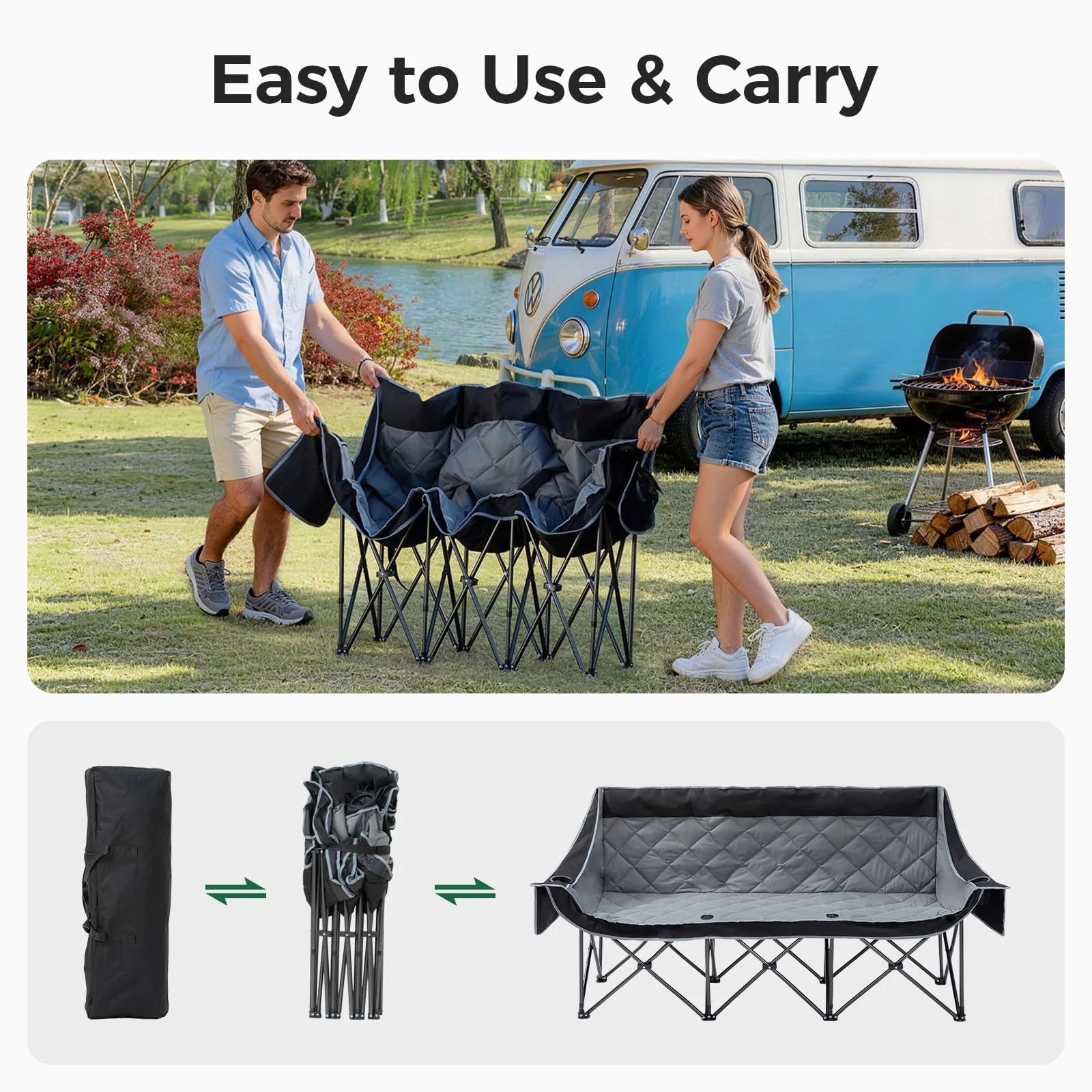 Oversized 3 Person Camping Chair Folding Padded Loveseat with Cup Holders and Carry Bag