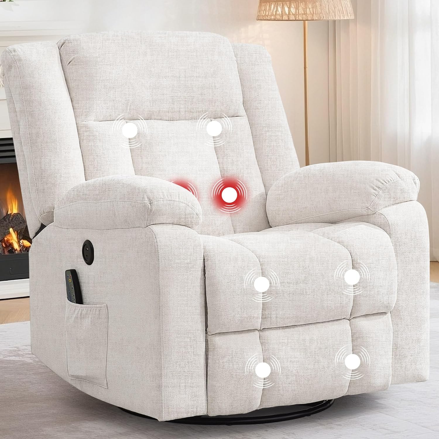 Adult rocking chair, gliding recliner, 360° rotating rocking chair with massage and heating function