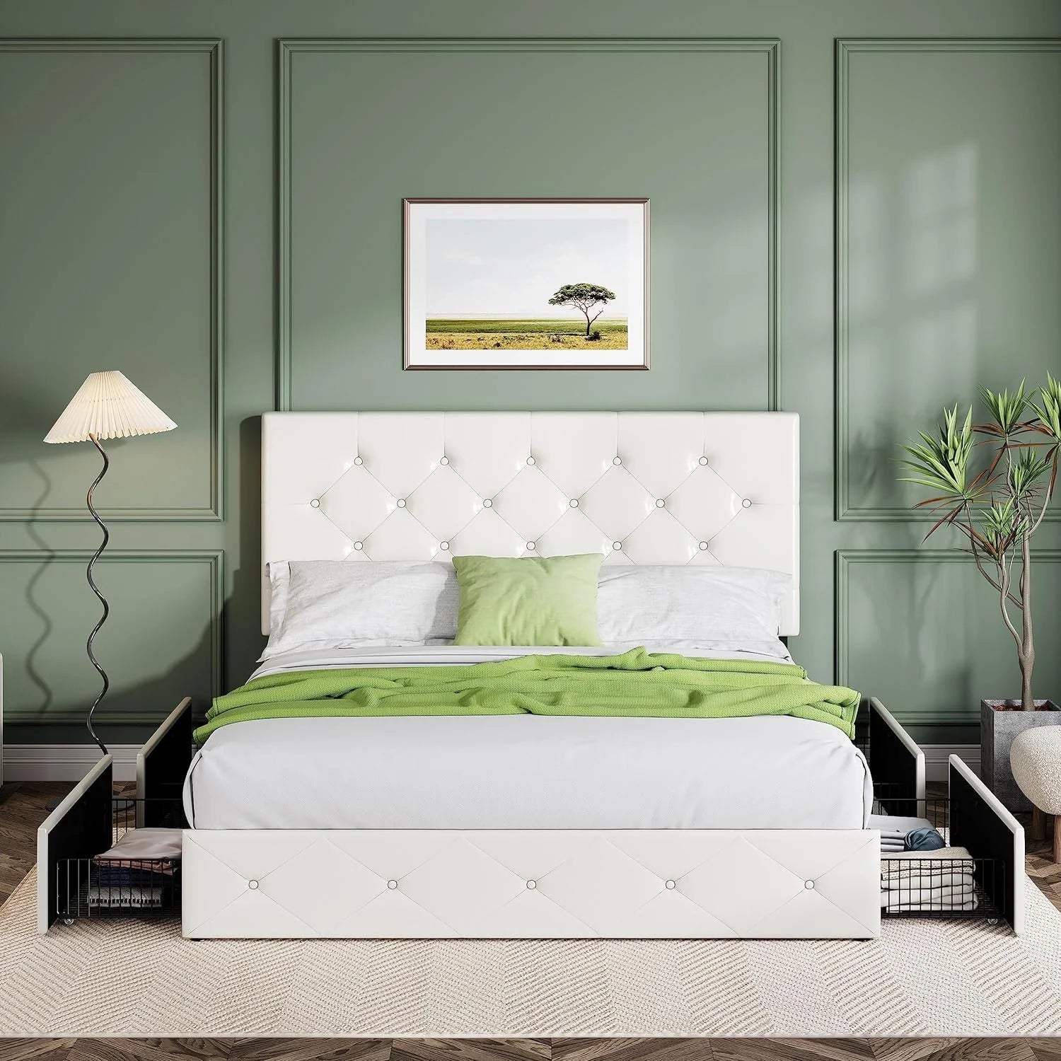 Allewie Upholstered Queen Size Platform Bed Frame with 4 Storage Drawers and Headboard