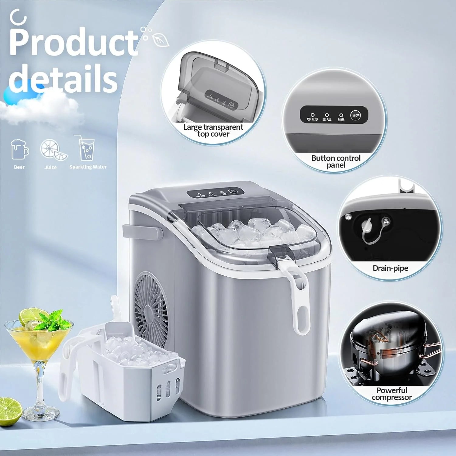 Nugget Ice Makers Countertop, Pebble Ice Machine with Chewable Pellet Ice, 34Lbs/24H, Self-Cleaning, Sonic Ice, One-Click Operation, for Kitchen,Office Stainless Steel Silver