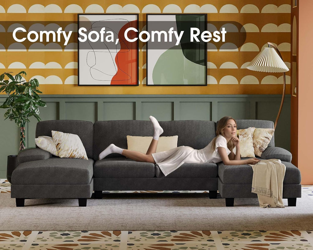 Furmax Sectional Couches for Living Room U-Shaped Sofa Couch Linen Fabric 4 Seat Sofa Set