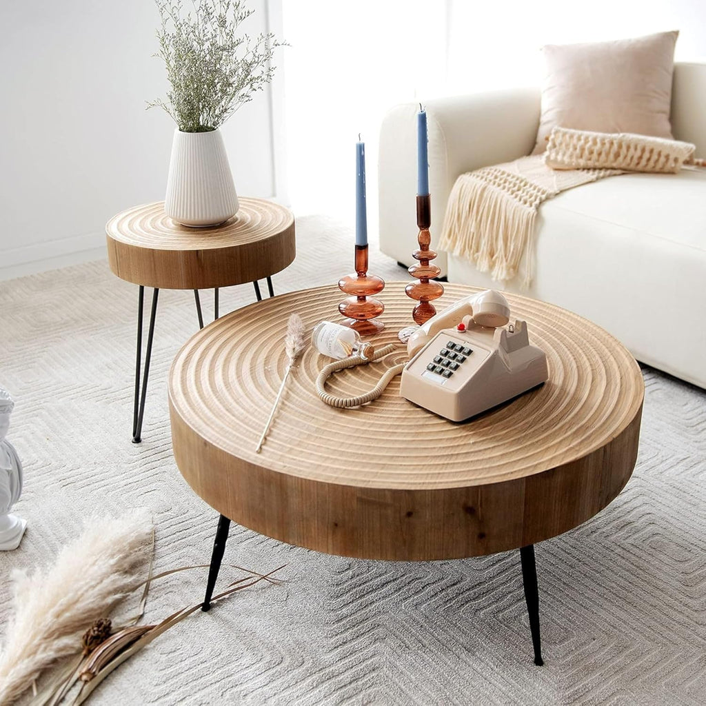 Two-Piece Modern Farmhouse Living Room Coffee Table Set Round Nesting Tables