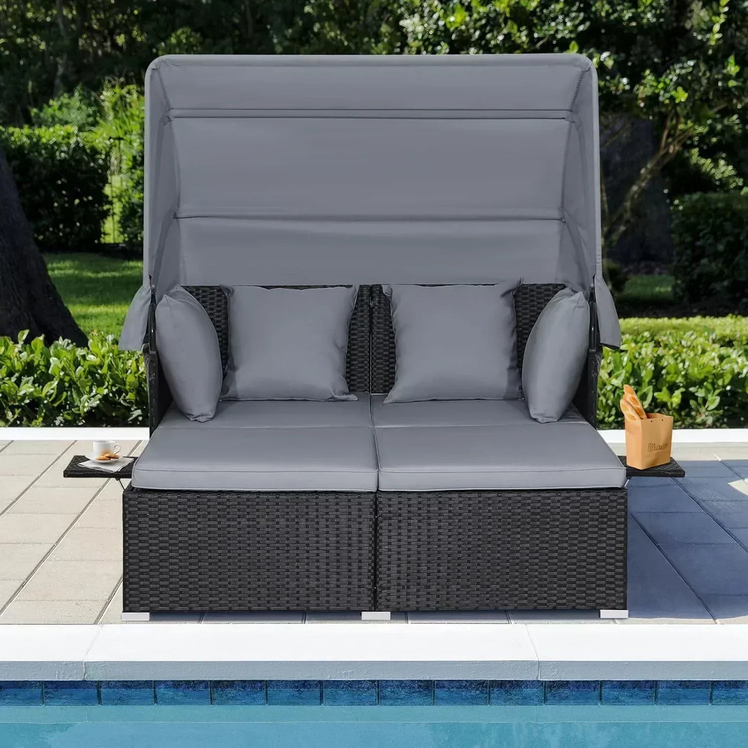 RELAX4LIFE Patio Outdoor Daybed with Canopy Wicker Sunbed Cushions 4 Pillows