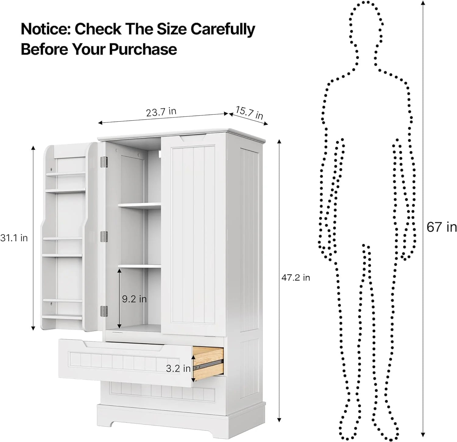 Gizoon Kitchen Pantry Cabinet with Drawers Freestanding Bathroom Storage Cabinet with Doors and Shelves, 47 Inch Small Pantry Cabinet