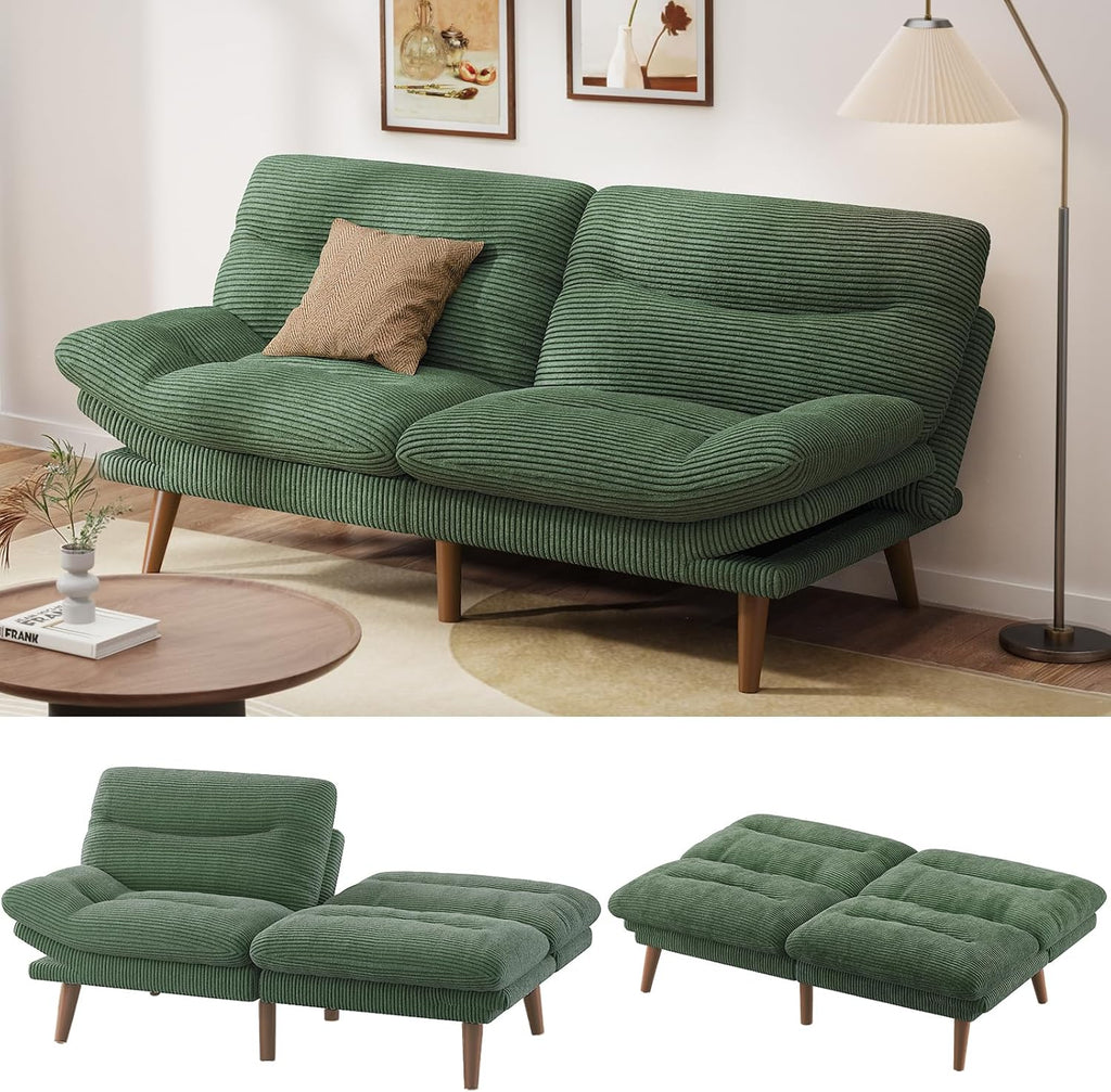 Pipishell Convertible Futon Sofa Bed,66 Corduroy Futon Couch with Adjustable Backrest and Armrests, Recliner Sleeper Sofa for Small Spaces, Play Room or Office, Grey