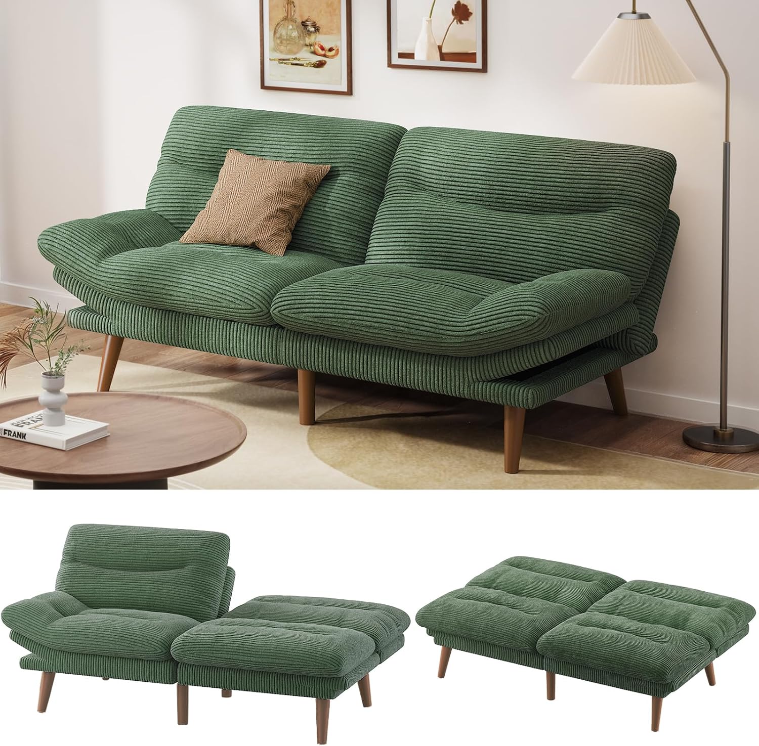 Pipishell Convertible Futon Sofa Bed,66 Corduroy Futon Couch with Adjustable Backrest and Armrests, Recliner Sleeper Sofa for Small Spaces, Play Room or Office, Grey