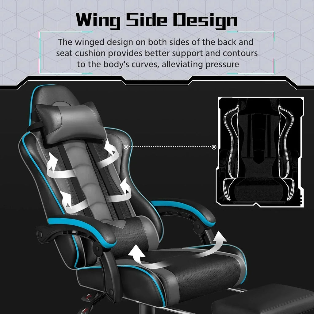 Gaming Chair with Massage Lumbar Support and Footrest Height Office Gaming Chair