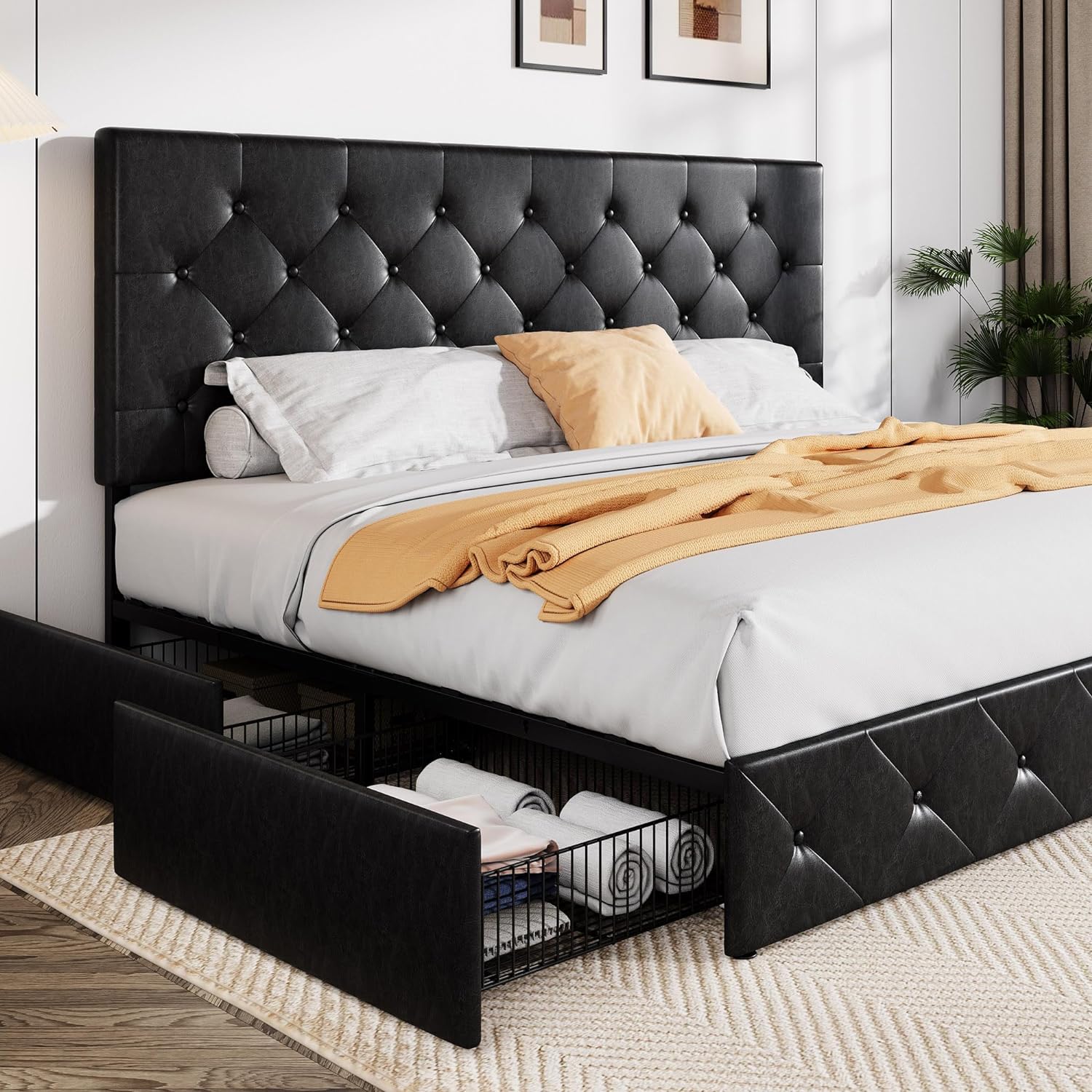 Allewie Upholstered Queen Size Platform Bed Frame with 4 Storage Drawers and Headboard