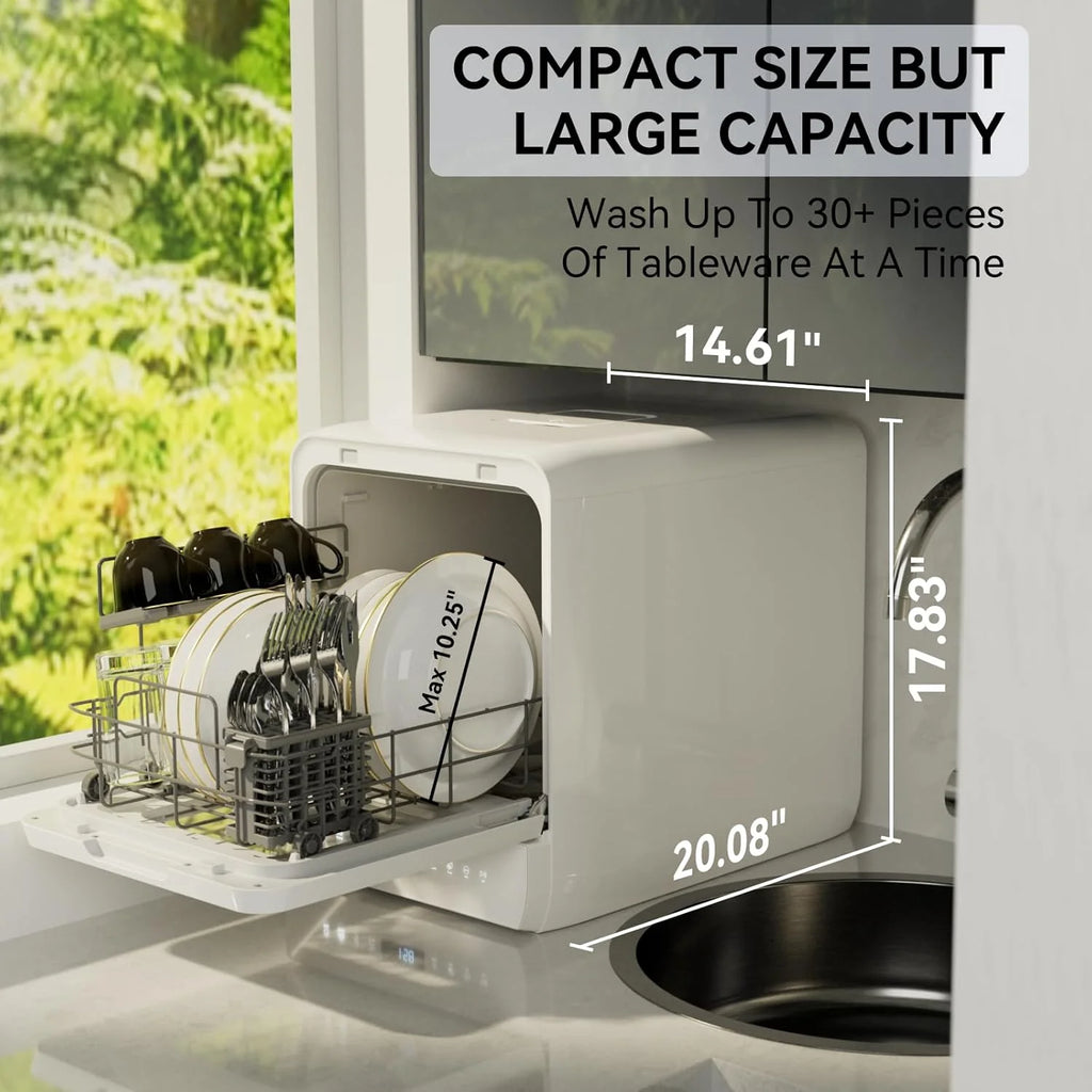 Hermitlux Countertop Dishwasher, 7 Washing Programs Portable Mini Dishwasher with 5-Liter Built-in Water Tank for Apartments & RVs, LED Light, Glass Door, No Hookup Needed