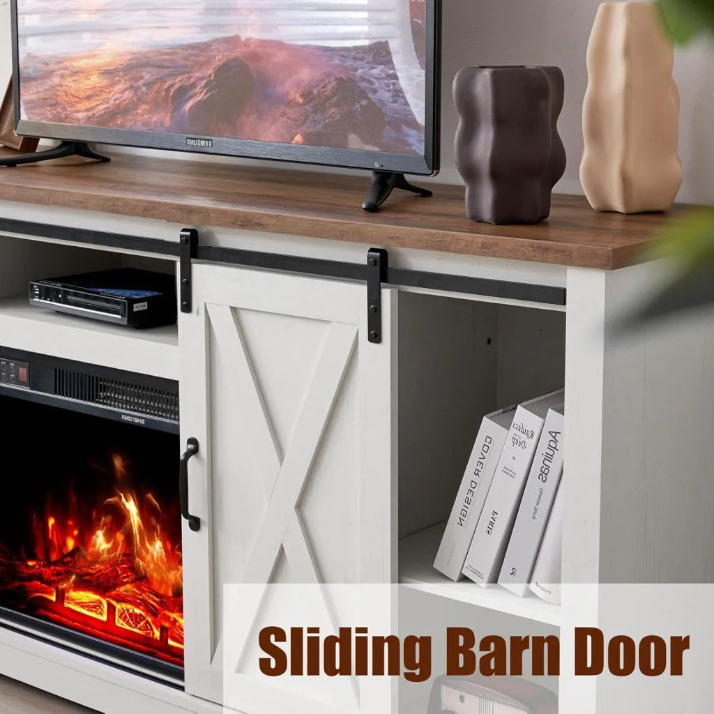 AMERLIFE Fireplace TV Stand with Sliding Barn Door for TVs up to 73, Farmhouse 63 Fireplace Entertainment Center with Storage Cabinets/Adjustable Shelves