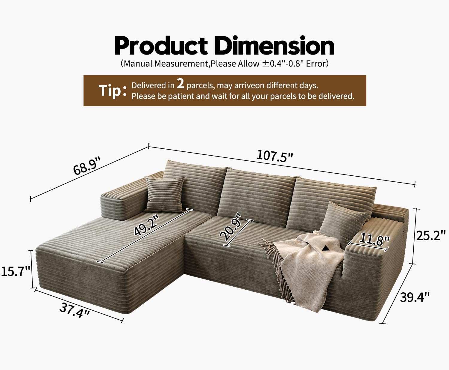107.5 Cloud Modular Sectional Sofa Couch with L-Shape Chaise,Modern Minimalist Upholstered Couches