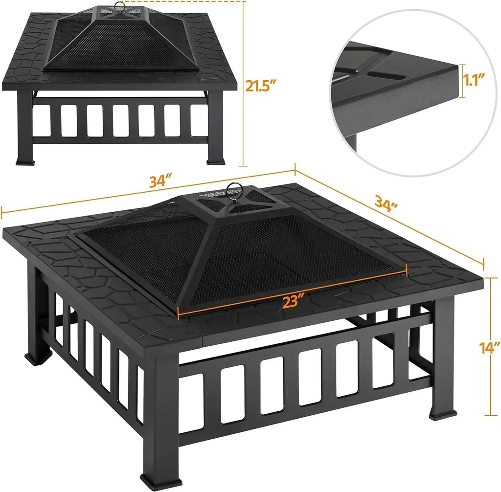 Yaheetech Multifunctional Fire Pit Table Square Metal Firepit Stove Backyard Patio Garden Fireplace