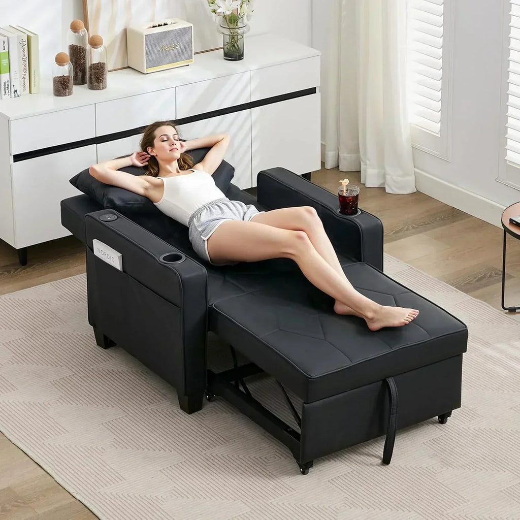Adult Convertible Sleeper Chair Bed 3-in-1 Pull-Out Sofa Bed with USB/Type-C Ports Cup Holders