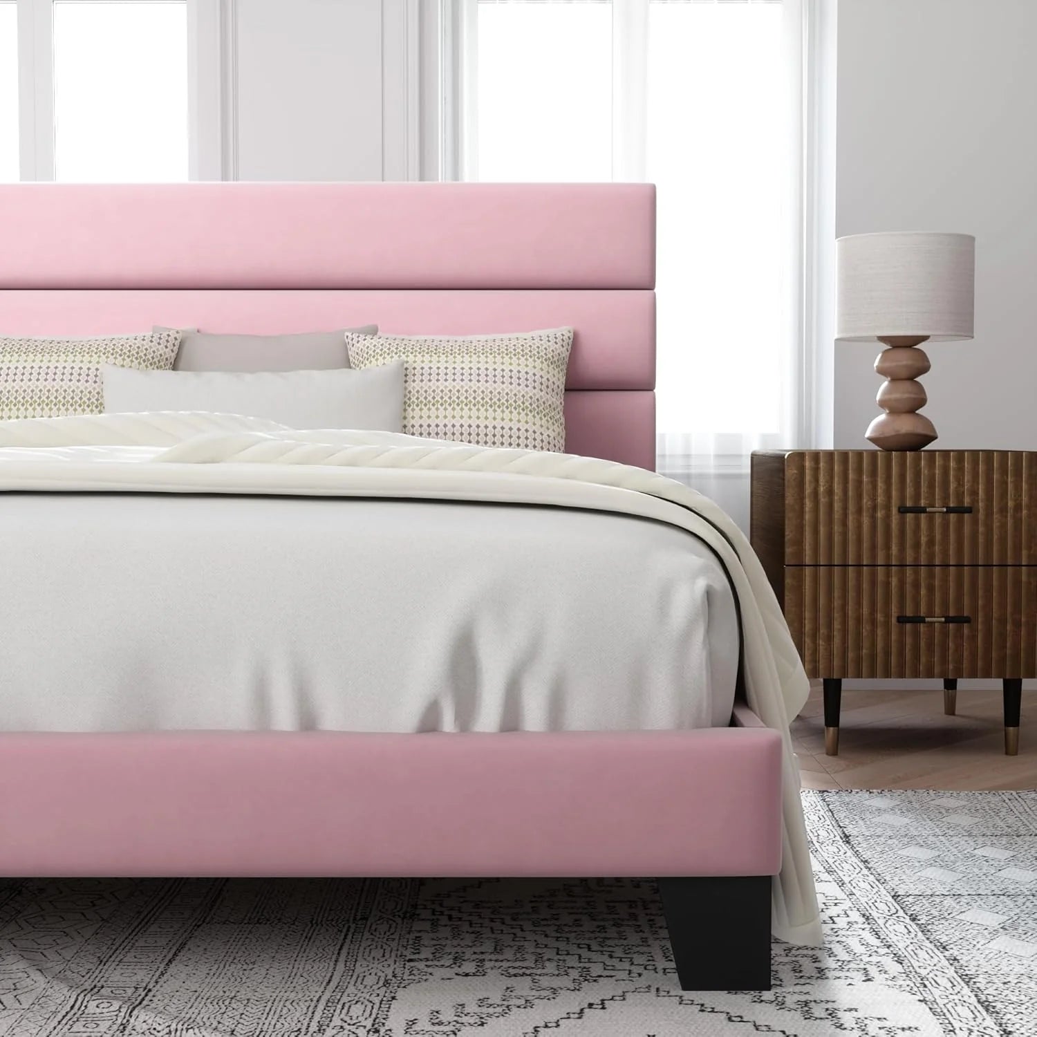 Allewie Queen Size Platform Bed Frame Fabric Upholstered Headboard Wooden Slats Support